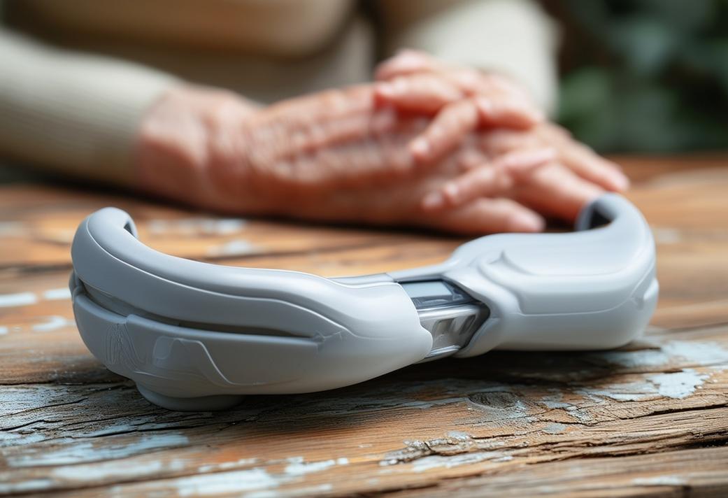 Image en gros plan d'un appareil anti-arthrite ergonomique sur une table en bois vieillie, avec en arrière-plan flou les mains doucement repliées d'une personne âgée, éclairage naturel doux.