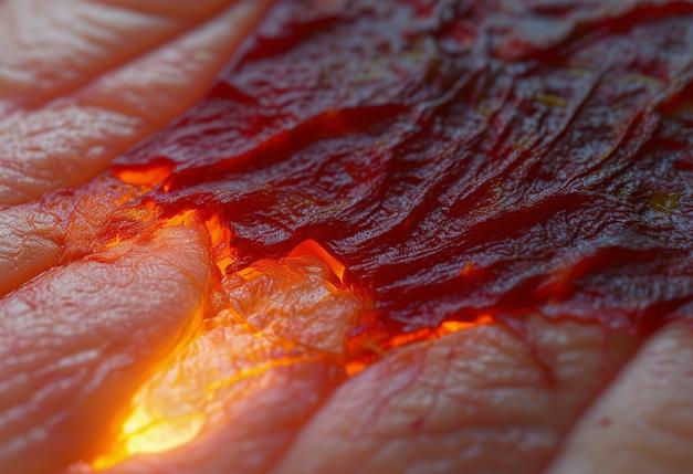 Gros plan sur une brûlure au second degré montrant la texture crue et les tissus enflammés, avec un éclairage chaleureux et une profondeur de champ réduite.