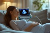 Femme enceinte paisible se reposant sur son canapé pendant qu'une échographie portable capture des images, éclairée par une lumière ambiante douce.