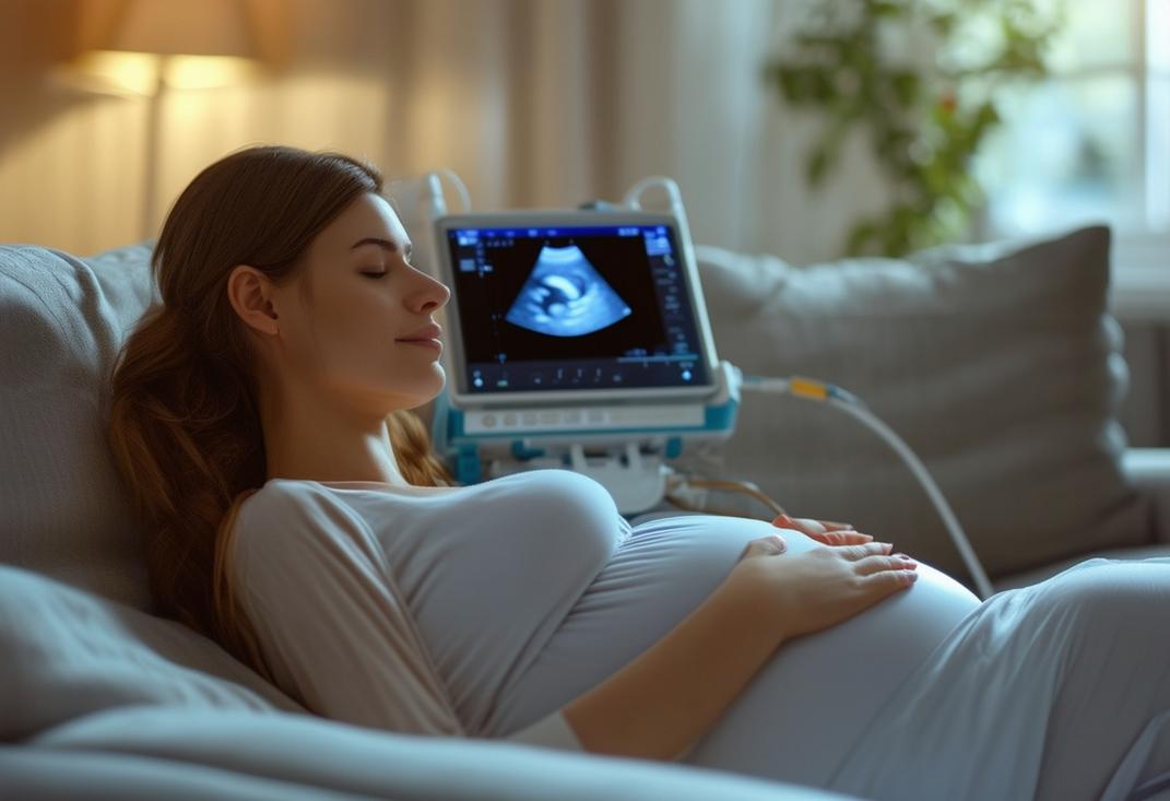 Femme enceinte paisible se reposant sur son canapé pendant qu'une échographie portable capture des images, éclairée par une lumière ambiante douce.