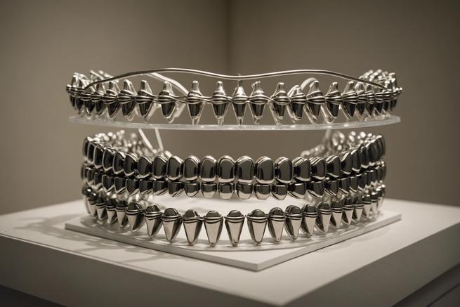 Représentation artistique de dispositifs orthodontiques traditionnels, comprenant des expanders, des brackets et des fils, disposés dans un cadre évoquant un musée, avec des couleurs neutres et un éclairage dirigé.