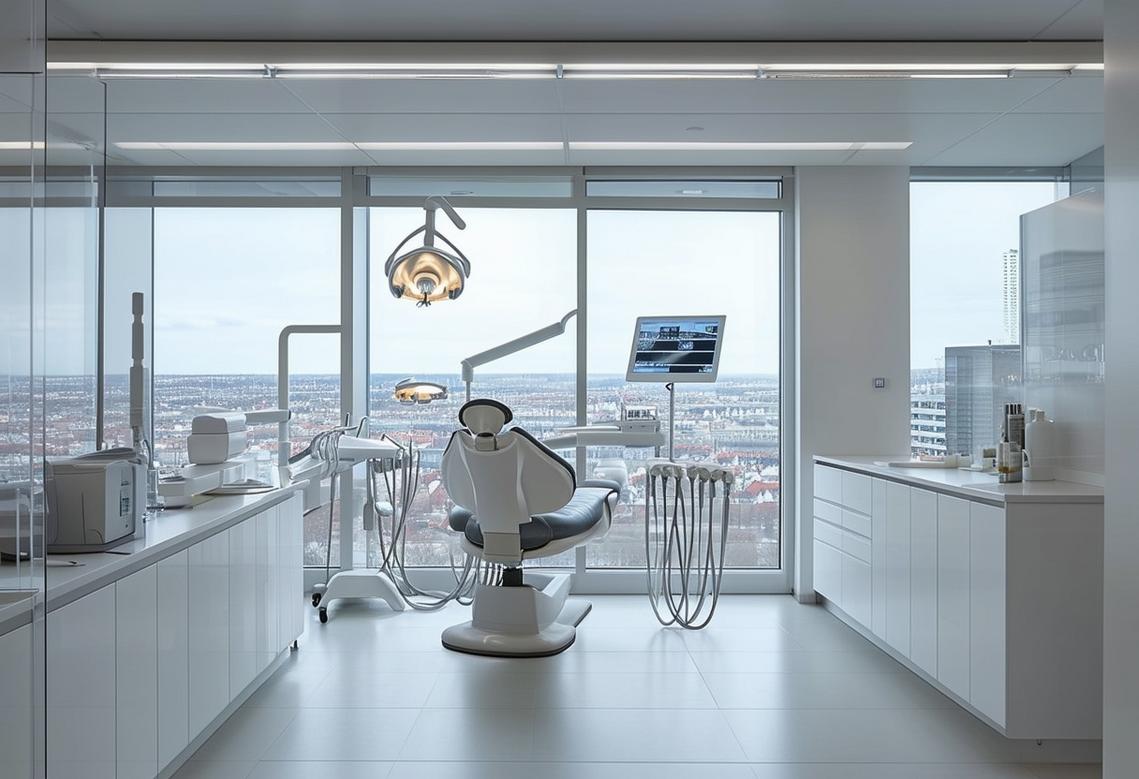 Un cabinet dentaire professionnel doté d'un intérieur blanc moderne, d'équipements dentaires immaculés et offrant une vue sur la ville à travers des baies vitrées, à Issy Les Moulineaux.