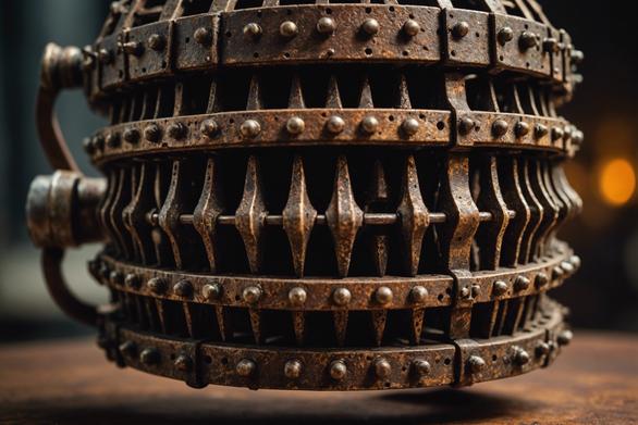 Photographie macro d'un appareil orthodontique ancien et rouillé, montrant des détails de texture et de fabrication en éclairage ambiant.