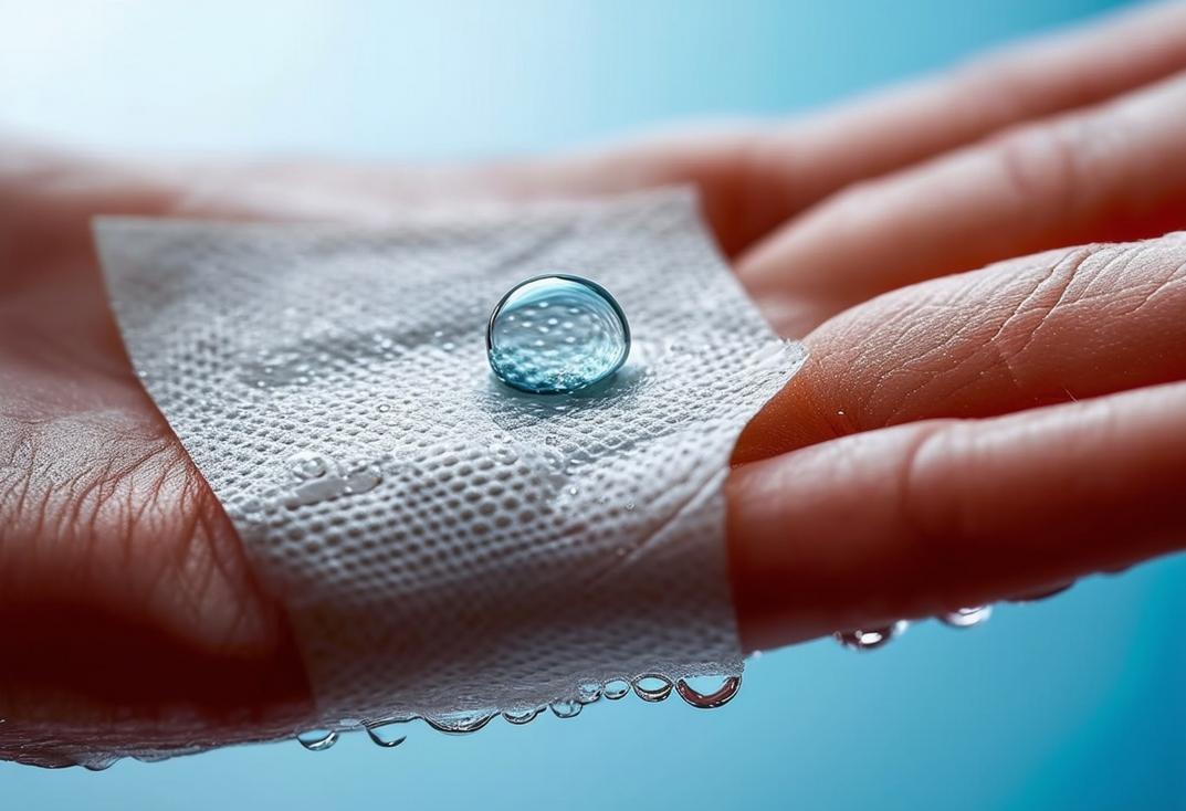 Photographie macro montrant une goutte d'eau glissant sur un bandage étroitement enroulé autour d'une main, indiquant les propriétés résistantes à l'eau du bandage, en arrière-plan flou avec un éclairage dramatique.