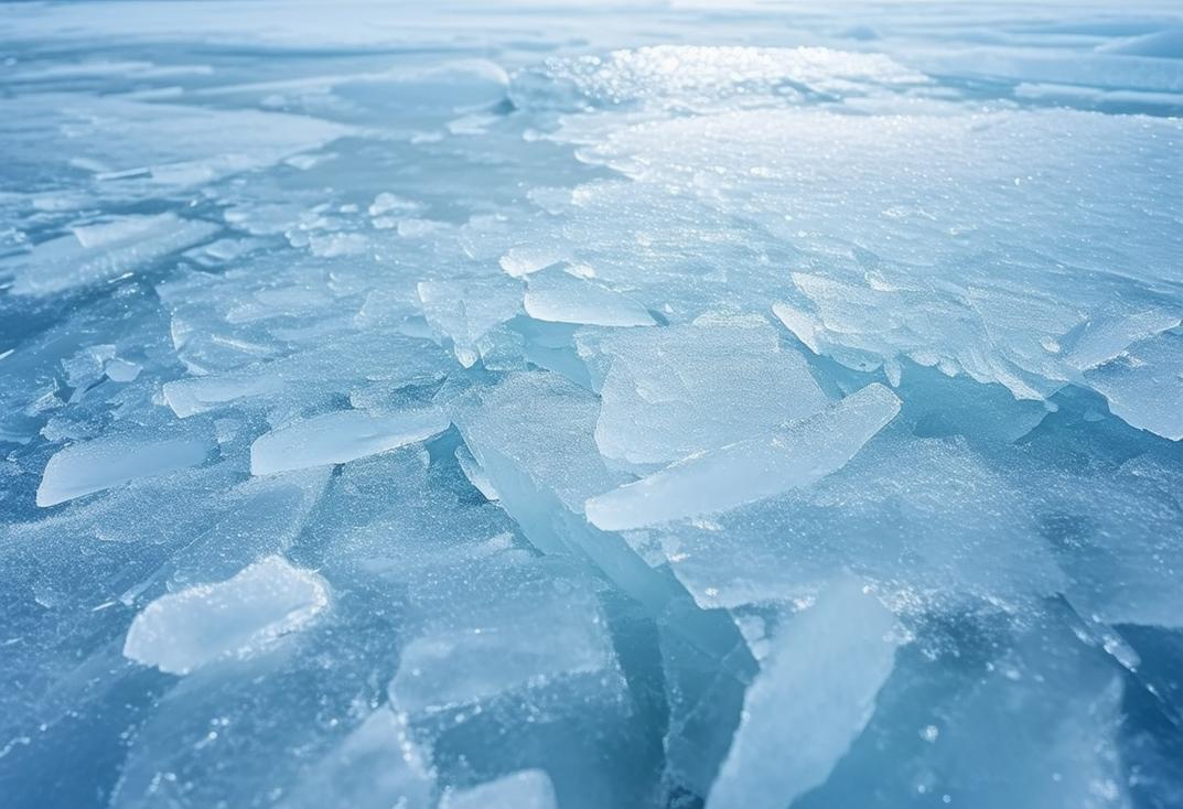 Photographie en gros plan d'une épaisse couche de glace blanche scintillante, accentuée par des nuances de bleu, s'étendant sur un lac gelé, mise au point nette, éclairage ambiant.