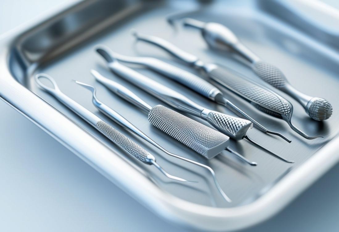 Image haute résolution montrant sept principaux outils dentaires soigneusement disposés sur un plateau en acier inoxydable stérile, sur un fond blanc doux-éclairé pour souligner la propreté et la précision.