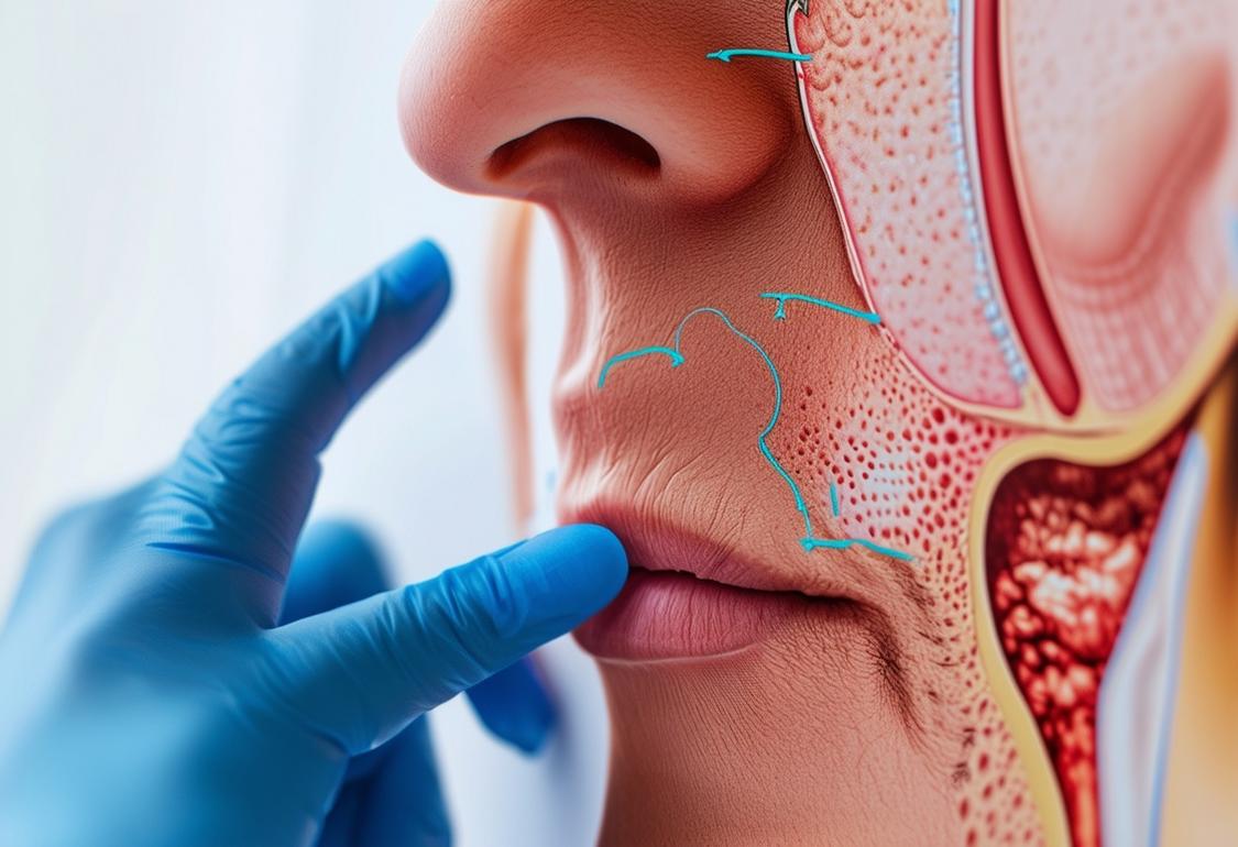 Main gantée d'un médecin pointant sur un diagramme du visage humain, mettant en évidence les boules de Bichat, sous un éclairage clinique doux.