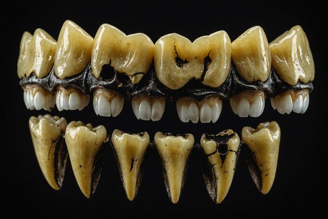 Photographie en gros plan de dents jaunies et cariées avec du tartre et des cavités visibles, sur un fond noir contrasté.