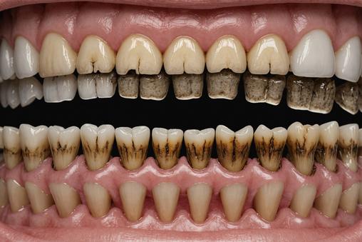 Image avant-après clinique montrant la progression des dents saines à gravement cariées, éducative, division nette, illustrative, acuité frappante.