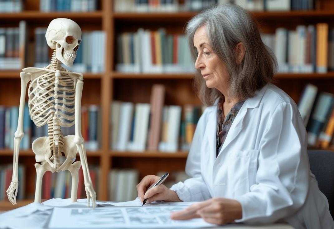 Une femme mature étudie des graphiques d'anatomie et pratique des techniques sur un modèle de squelette, avec des étagères remplies de manuels médicaux en arrière-plan, symbolisant son parcours pour devenir ostéopathe à 40 ans.