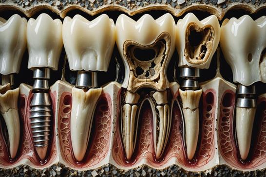 Image stylisée d'une radiographie dentaire révélant de multiples caries et une perte osseuse, avec un effet de lueur et une ambiance clinique froide.