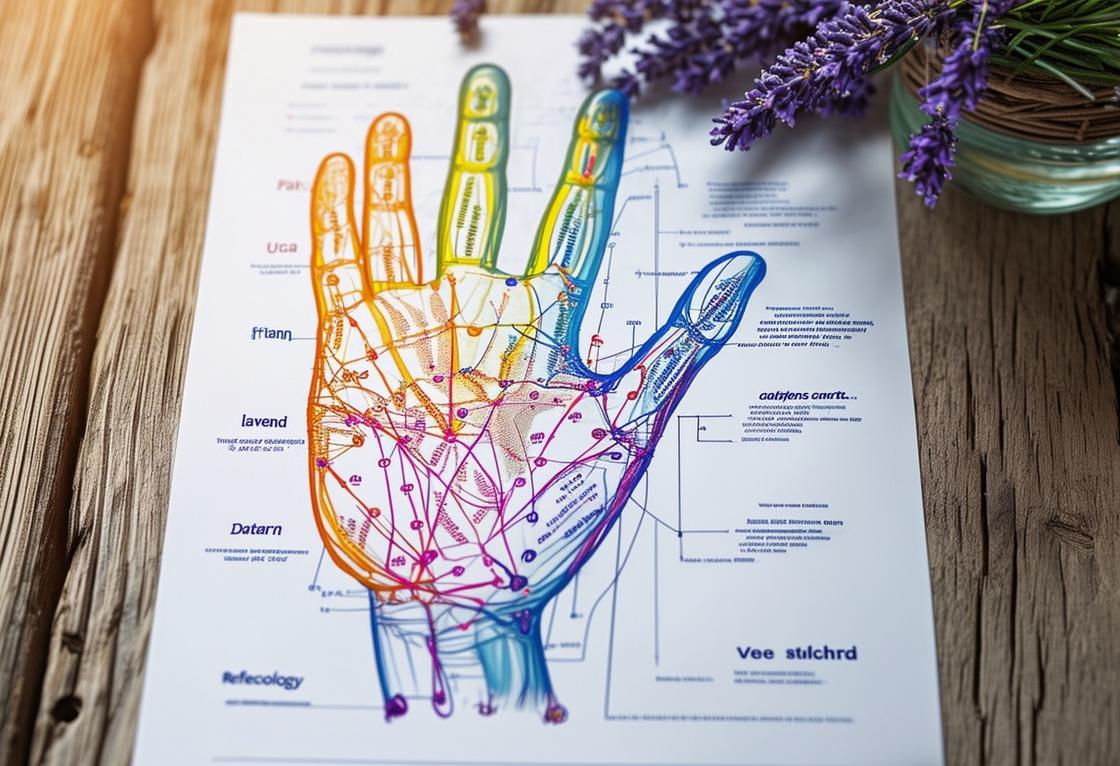 Tableau de paume avec points de réflexologie marqués en différentes couleurs, posé sur une table rustique près d'un vase de lavande, sous un éclairage doux.