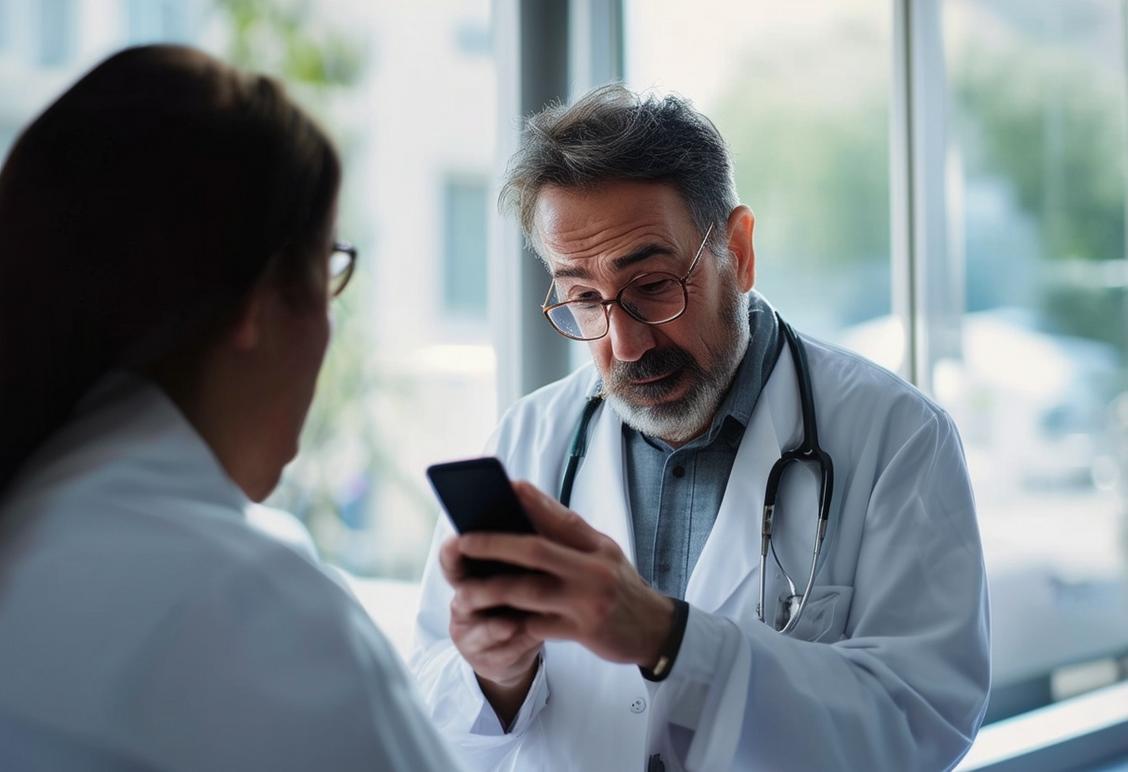 Photo d'un touriste inquiet dans un cabinet médical étranger, communiquant avec un médecin via une application de traduction sur son smartphone, ambiance tendue suggérée par la mise au point nette sur leurs expressions soucieuses et un éclairage ambiant.