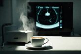 Une tasse de café fumante à côté d'une machine PET-scan dans un environnement clinique, projetant de longues ombres sous une lumière stérile.