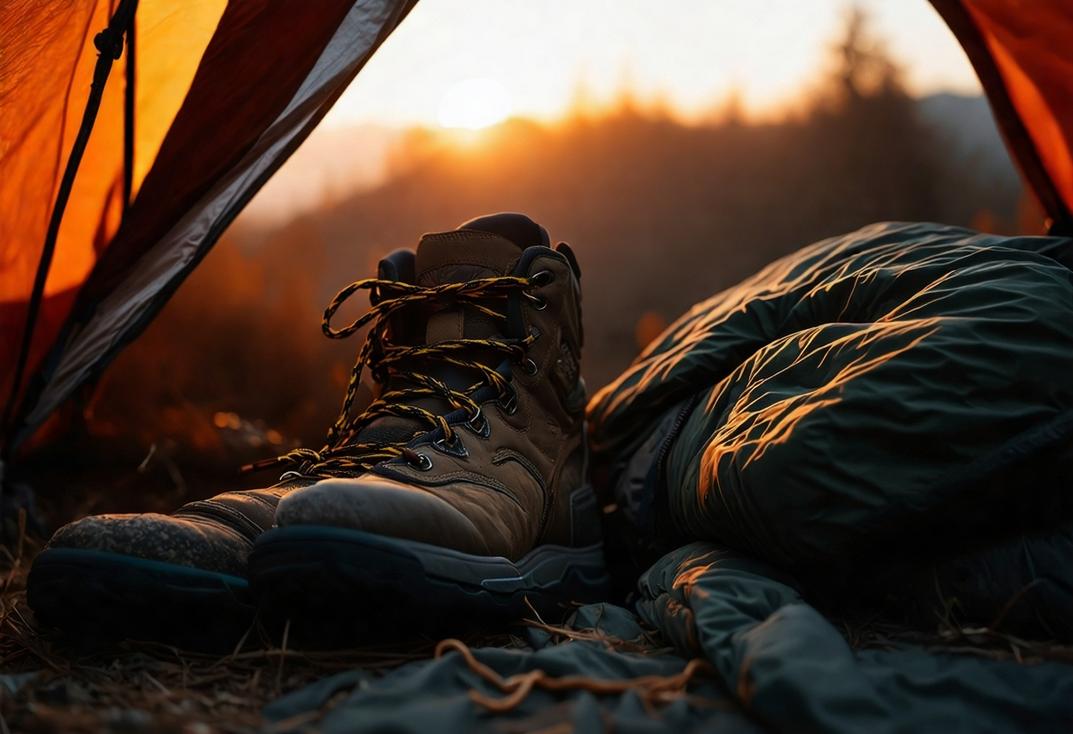 Image photoréaliste d'une paire de chaussures de randonnée robustes posées à côté d'un sac de couchage dans une tente, avec la lumière tamisée d'un coucher de soleil jetant un coup d’œil à travers la fermeture éclair, textures douces, éclairage atmosphérique chaleureux.