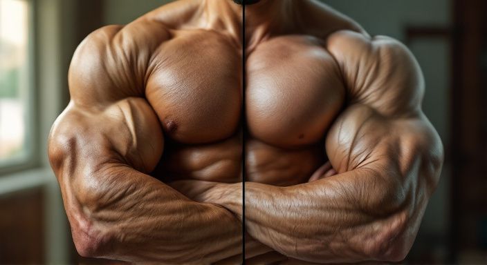 Un bras d'athlète sous forme de comparaison, à gauche un bras plus mince et à droite un bras avec des biceps et triceps fortement développés.